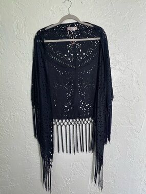 Muche et Muchette Navy Fringe Kimono Laser Cut Boho Festival Cover Up One Size